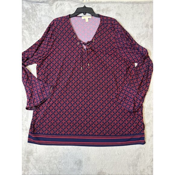 Michael Kors Plus Size 3X Lace Up V-Neck Tunic Blouse Geometric Print - Picture 8 of 11